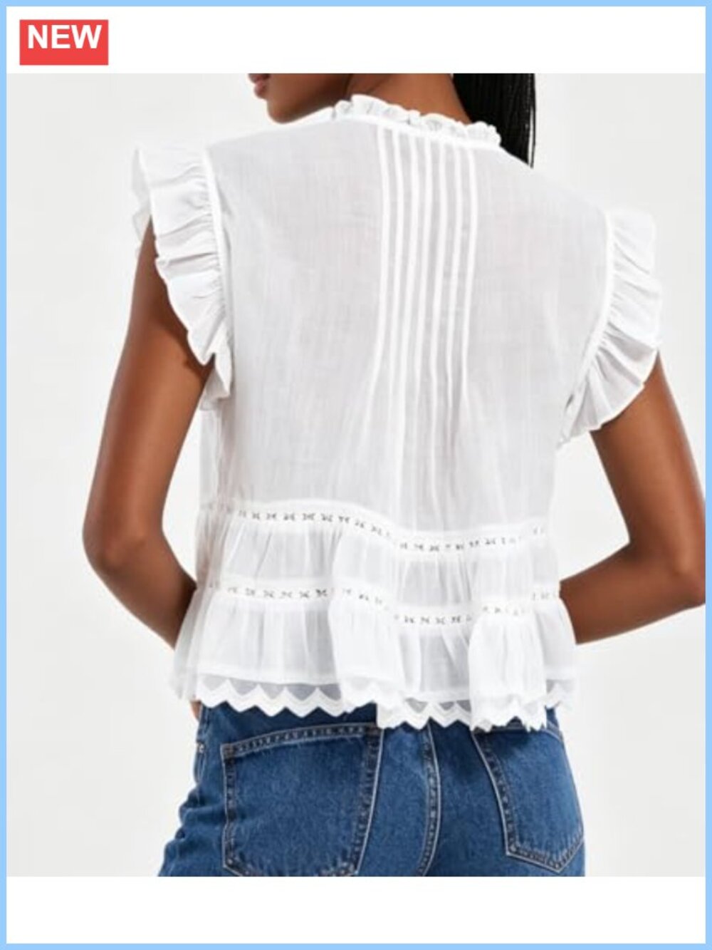 Semi Sheer Babydoll Tank Top, Ruffle V-Neck Boho Eyelet Peplum Blouse - Picture 4 of 5